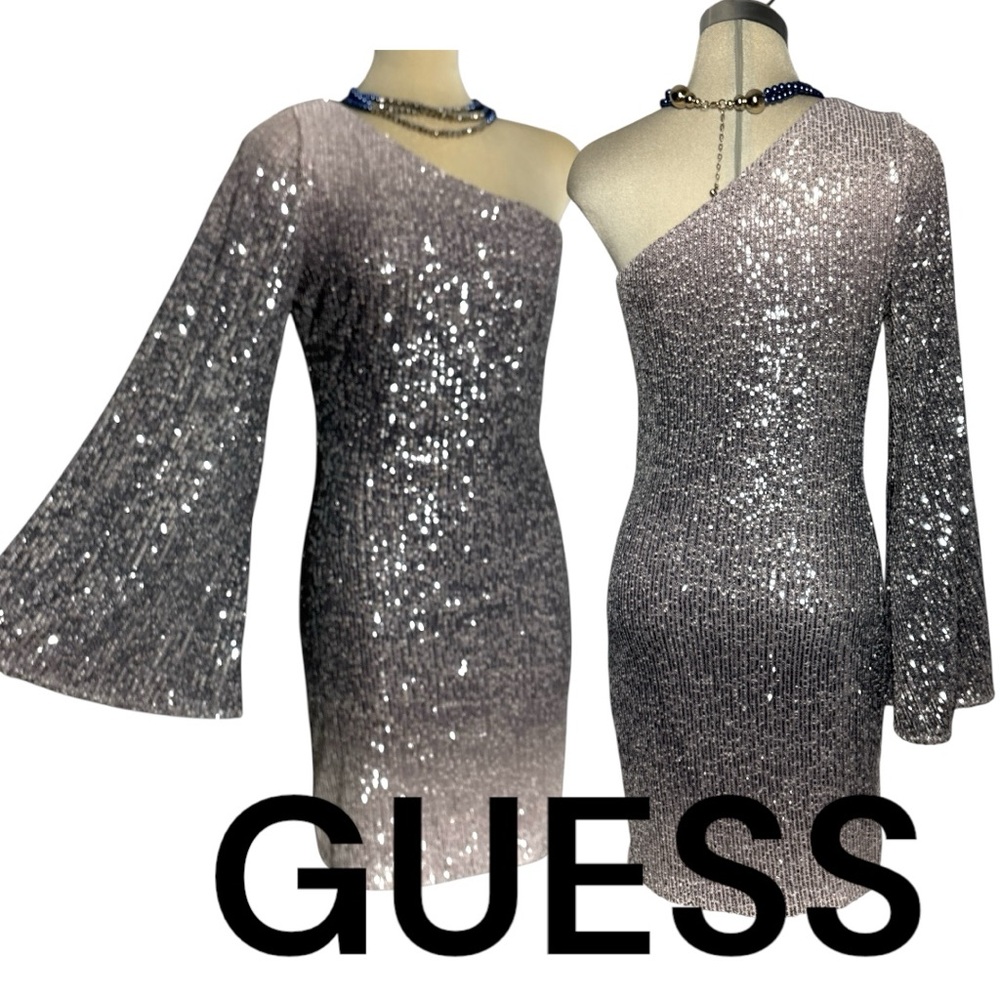 GUESS Women’s Samantha One Bell Glittering Silver One-Shoulder Dress Size M